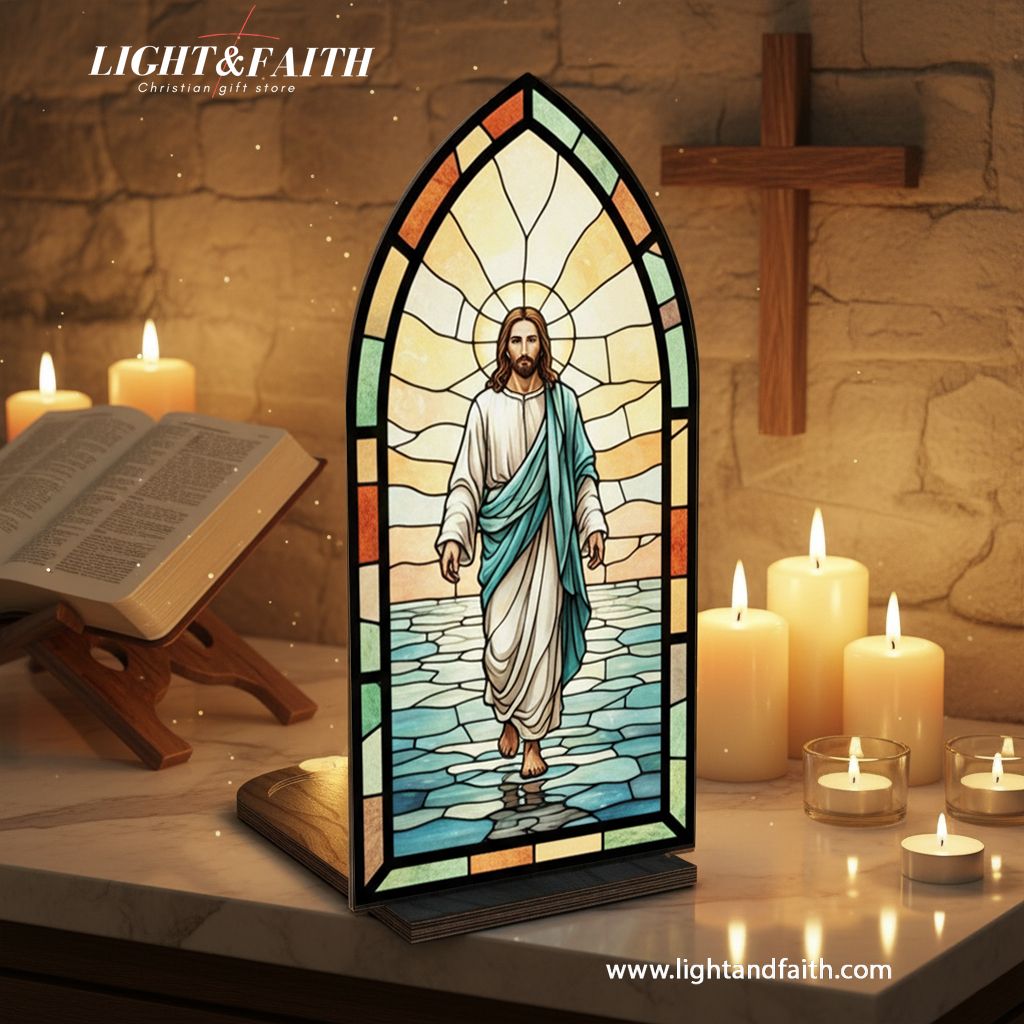 Jesus Walking on Water Book Nook, Stained Glass Style Acrylic Decor, Christian Gift, Religious Home Decoration, Faith Art Display BNLAF08
